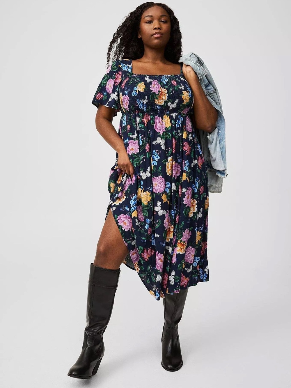 Square-Neck Navy Floral Midi Dress with Short Sleeves